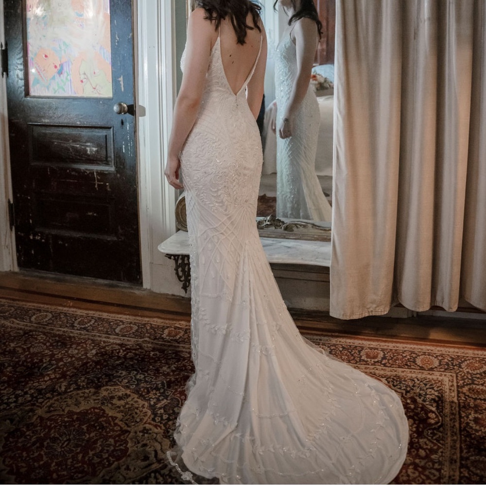 Theia Couture matilda wedding dress mermaid plunging illusion beaded 0